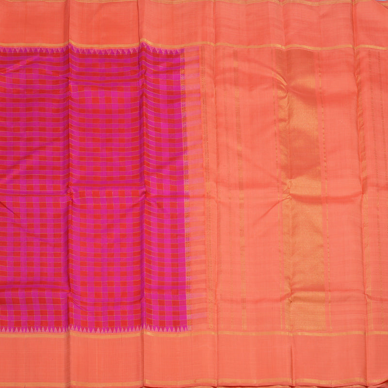 Hayagrivas Handloom Red & Pink Checks Kanjivaram Silk Saree with Peach Pink Border KBF15D5-1