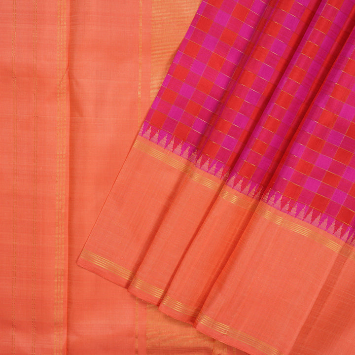 Hayagrivas Handloom Red & Pink Checks Kanjivaram Silk Saree with Peach Pink Border KBF15D5-1