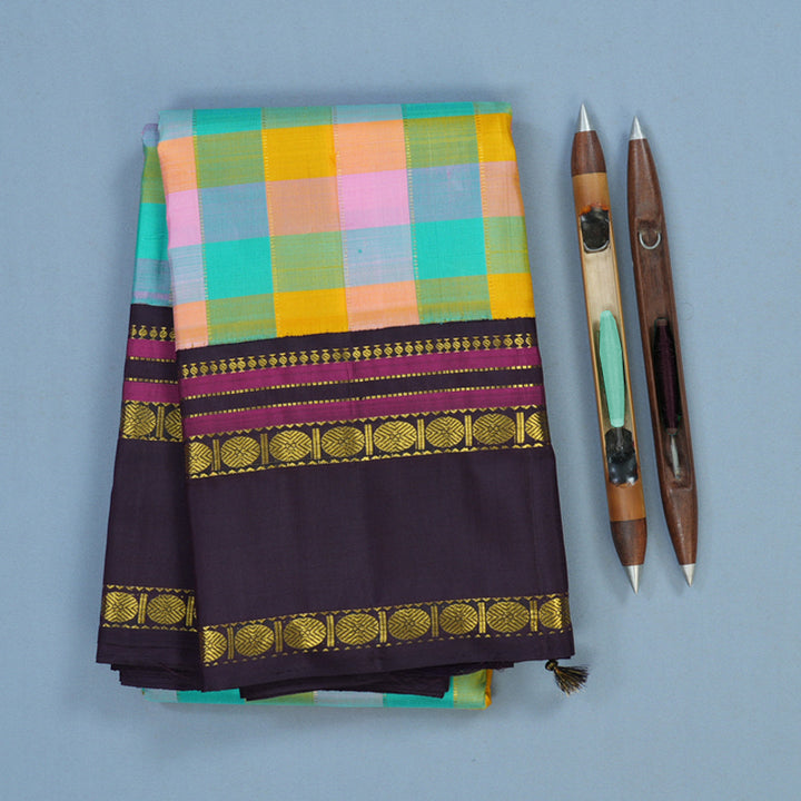 Hayagrivas Handloom Multicolour Checks Kanjivaram Silk Saree with Nagapazham Border KBF15D6-1