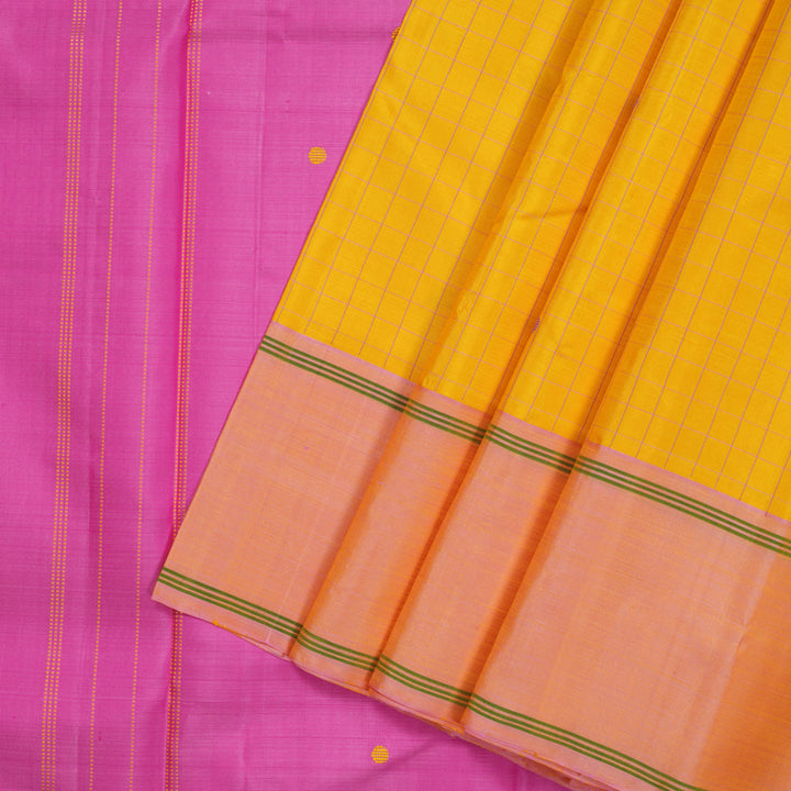 Hayagrivas Handloom Yellow Kanjivaram Silk Saree with Onion Pink Border KBF15D7-1