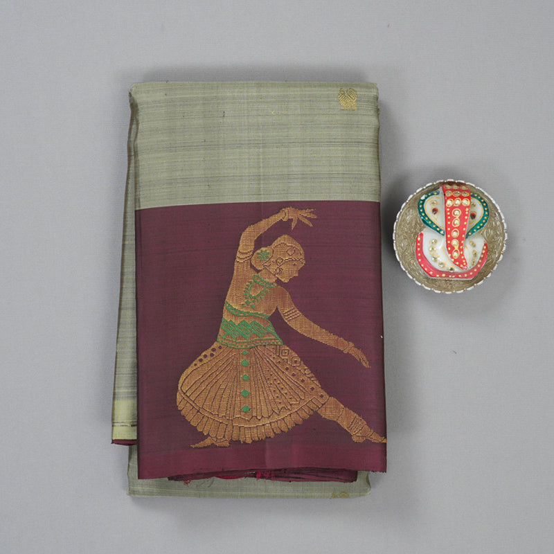 Hayagrivas Handloom Cement Grey Kanjivaram Silk Saree with Wine Border KBF160D5-2