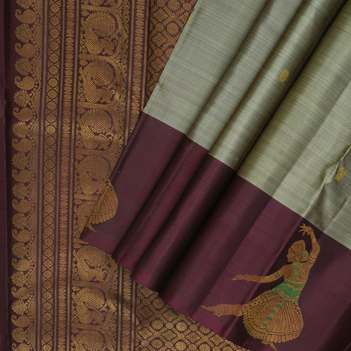 Hayagrivas Handloom Cement Grey Kanjivaram Silk Saree with Wine Border KBF160D5-2