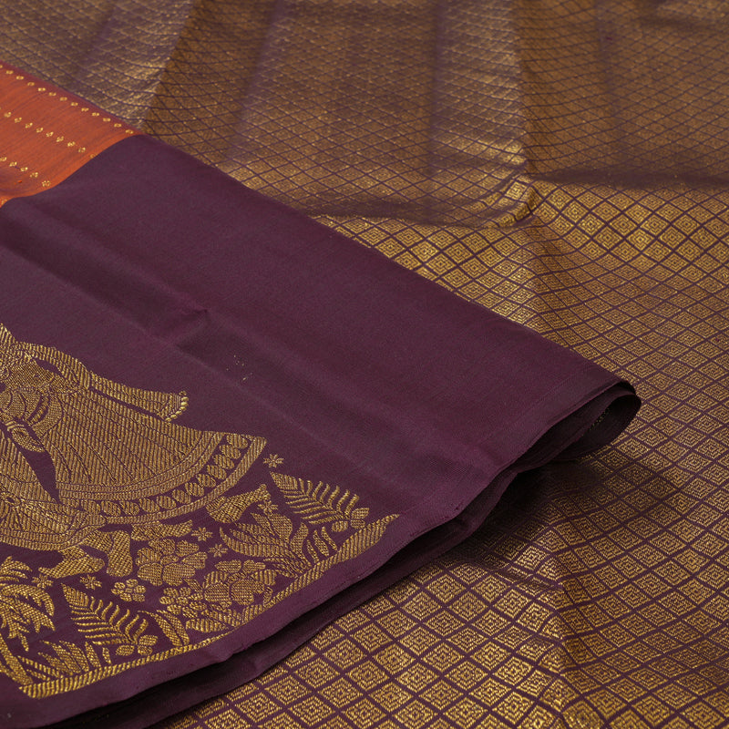 Hayagrivas Handloom Rust Orange Kanjivaram Silk Saree with Plum Purple Border KBF163D2-2