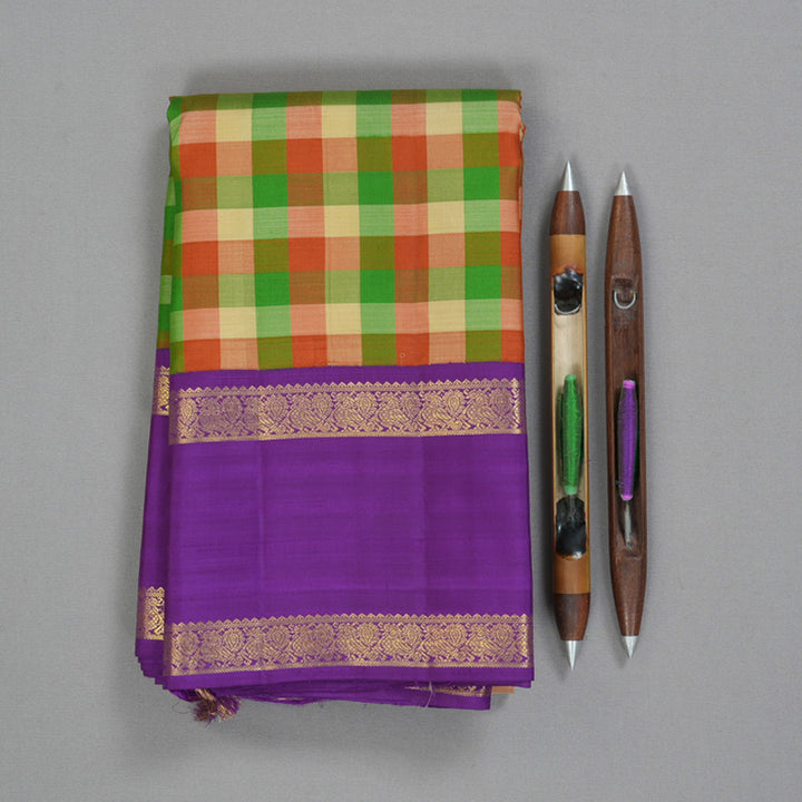Hayagrivas Handloom Multicolour Checks Kanjivaram Silk Saree with Voilet Retta Pet Border KBF178E5-1