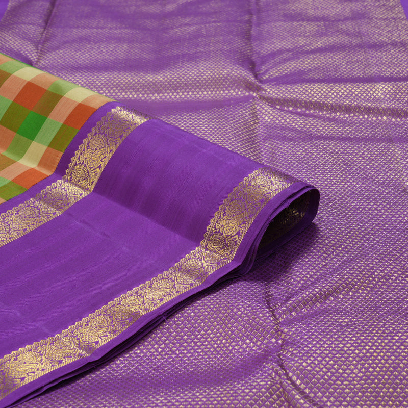 Hayagrivas Handloom Multicolour Checks Kanjivaram Silk Saree with Voilet Retta Pet Border KBF178E5-1