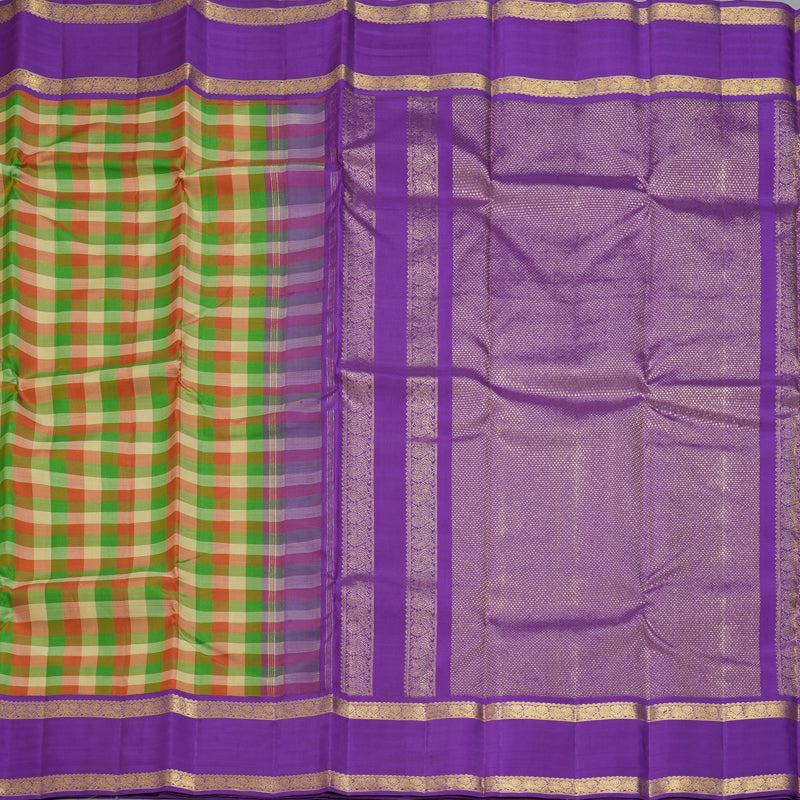 Hayagrivas Handloom Multicolour Checks Kanjivaram Silk Saree with Voilet Retta Pet Border KBF178E5-1