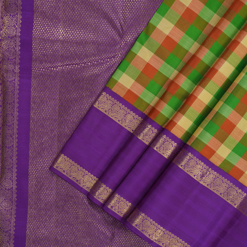Hayagrivas Handloom Multicolour Checks Kanjivaram Silk Saree with Voilet Retta Pet Border KBF178E5-1