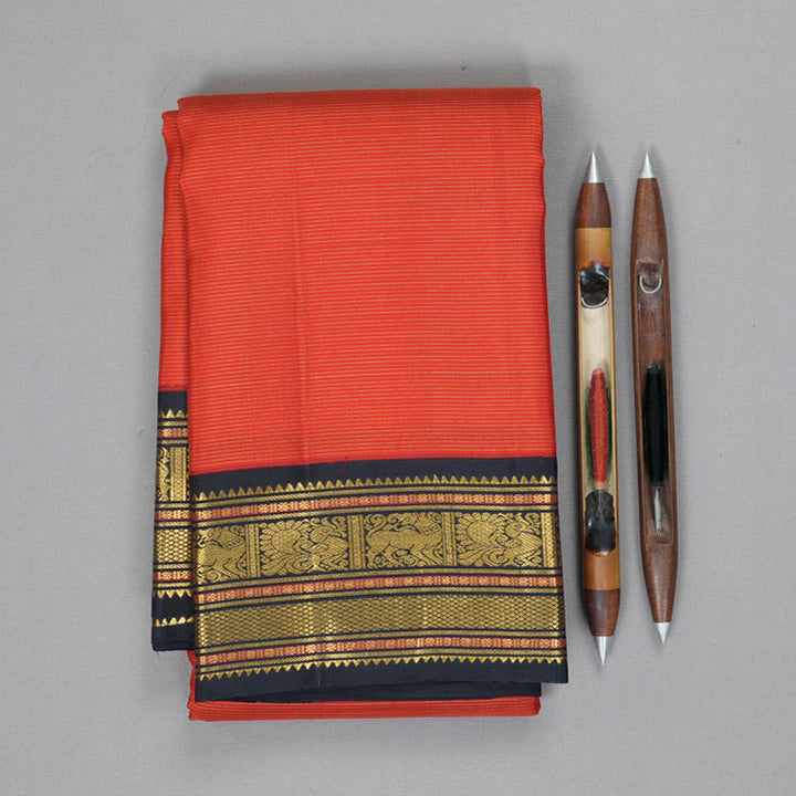 Hayagrivas Handloom Orangish-Red Kanjivaram Silk Saree with Kanchana Brown Border KBF179E3-4