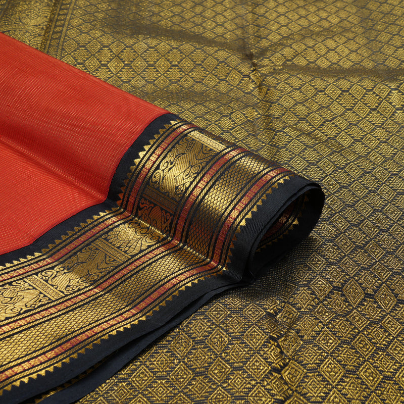 Hayagrivas Handloom Orangish-Red Kanjivaram Silk Saree with Kanchana Brown Border KBF179E3-4