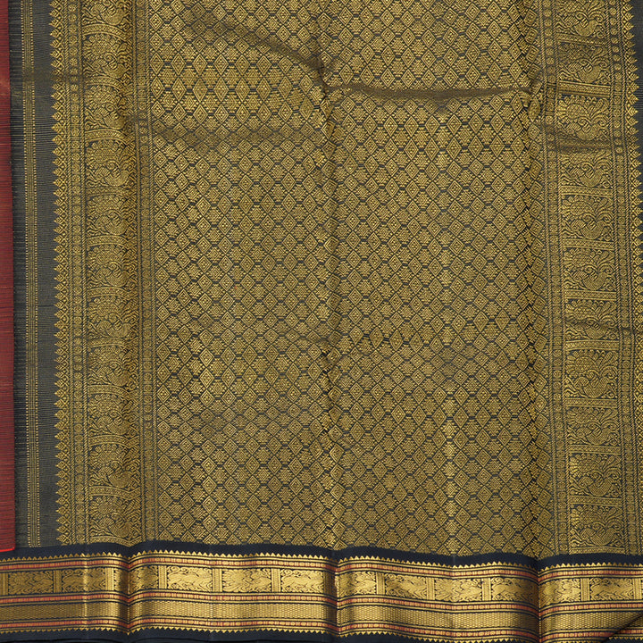 Hayagrivas Handloom Orangish-Red Kanjivaram Silk Saree with Kanchana Brown Border KBF179E3-4