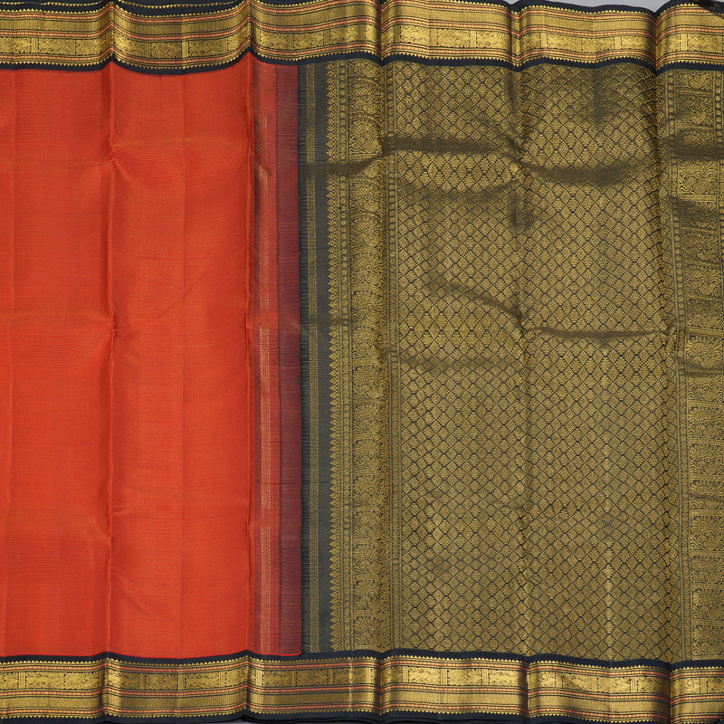 Hayagrivas Handloom Orangish-Red Kanjivaram Silk Saree with Kanchana Brown Border KBF179E3-4
