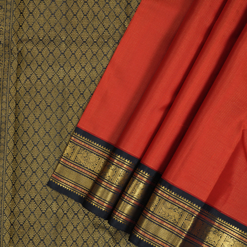 Hayagrivas Handloom Orangish-Red Kanjivaram Silk Saree with Kanchana Brown Border KBF179E3-4