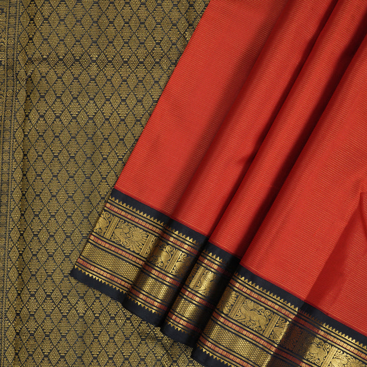 Hayagrivas Handloom Orangish-Red Kanjivaram Silk Saree with Kanchana Brown Border KBF179E3-4