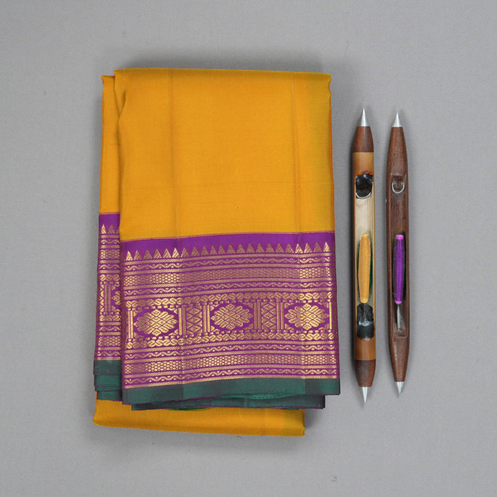 Hayagrivas Handloom Mustard Yellow Kanjivaram Silk Saree with Voilet Border KBF180E6-1