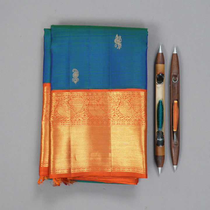 Hayagrivas Handloom Peacock Blue Kanjivaram Silk Saree with Orange Border KBF180E8-1