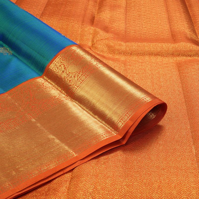 Hayagrivas Handloom Peacock Blue Kanjivaram Silk Saree with Orange Border KBF180E8-1