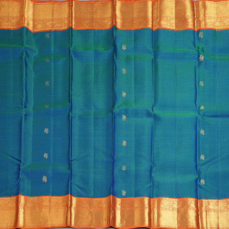 Hayagrivas Handloom Peacock Blue Kanjivaram Silk Saree with Orange Border KBF180E8-1