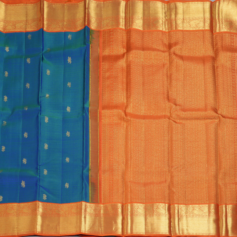 Hayagrivas Handloom Peacock Blue Kanjivaram Silk Saree with Orange Border KBF180E8-1