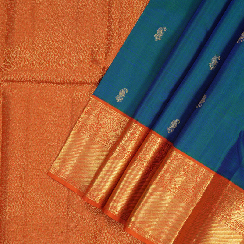 Hayagrivas Handloom Peacock Blue Kanjivaram Silk Saree with Orange Border KBF180E8-1