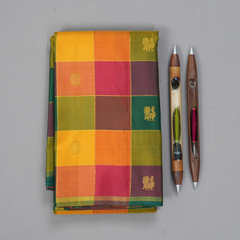 Hayagrivas Handloom Multicolour Checks Kanjivaram Silk Saree with Reddish Pink Border KBF182E1-1