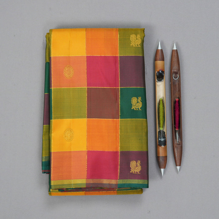 Hayagrivas Handloom Multicolour Checks Kanjivaram Silk Saree with Reddish Pink Border KBF182E1-1