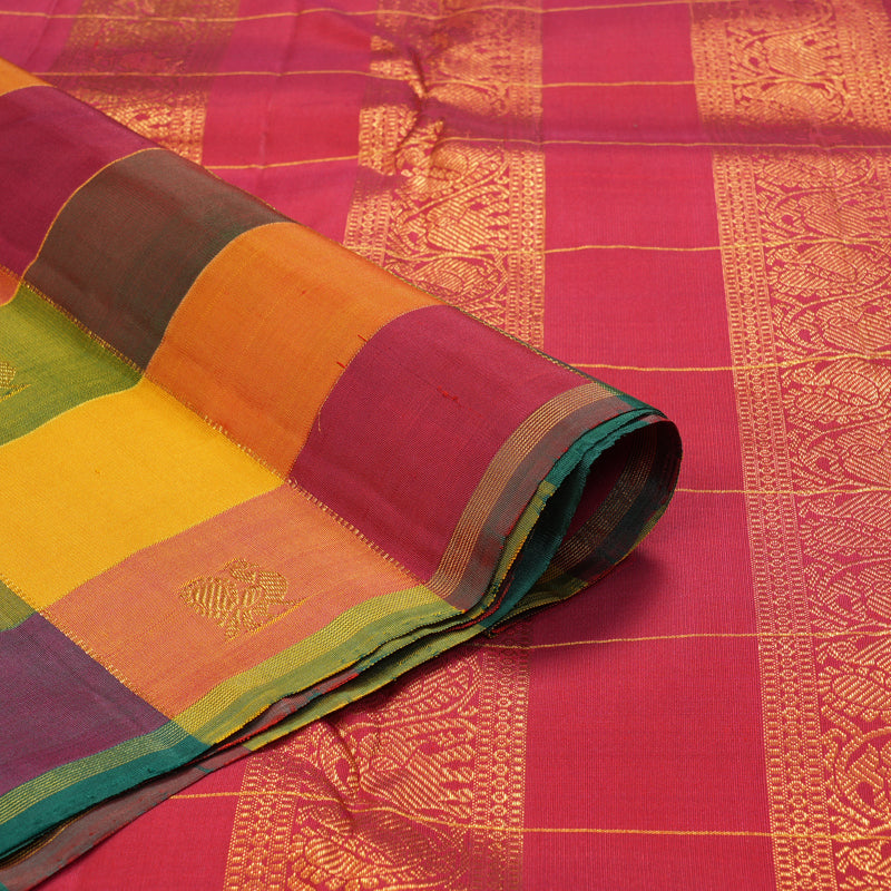 Hayagrivas Handloom Multicolour Checks Kanjivaram Silk Saree with Reddish Pink Border KBF182E1-1