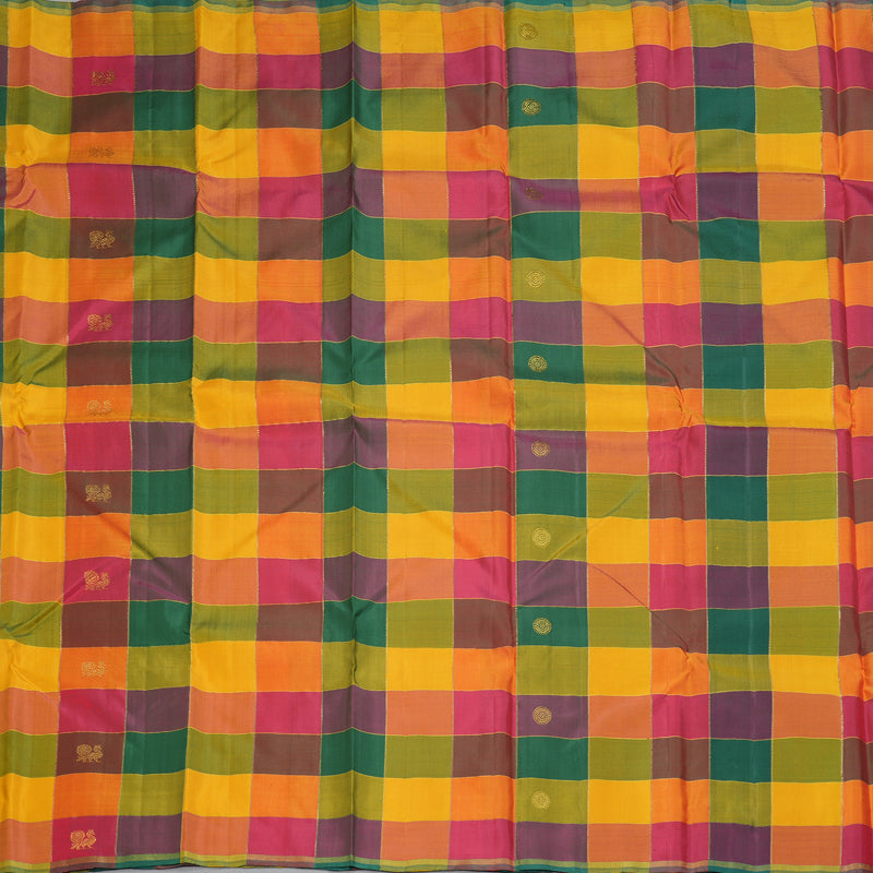 Hayagrivas Handloom Multicolour Checks Kanjivaram Silk Saree with Reddish Pink Border KBF182E1-1
