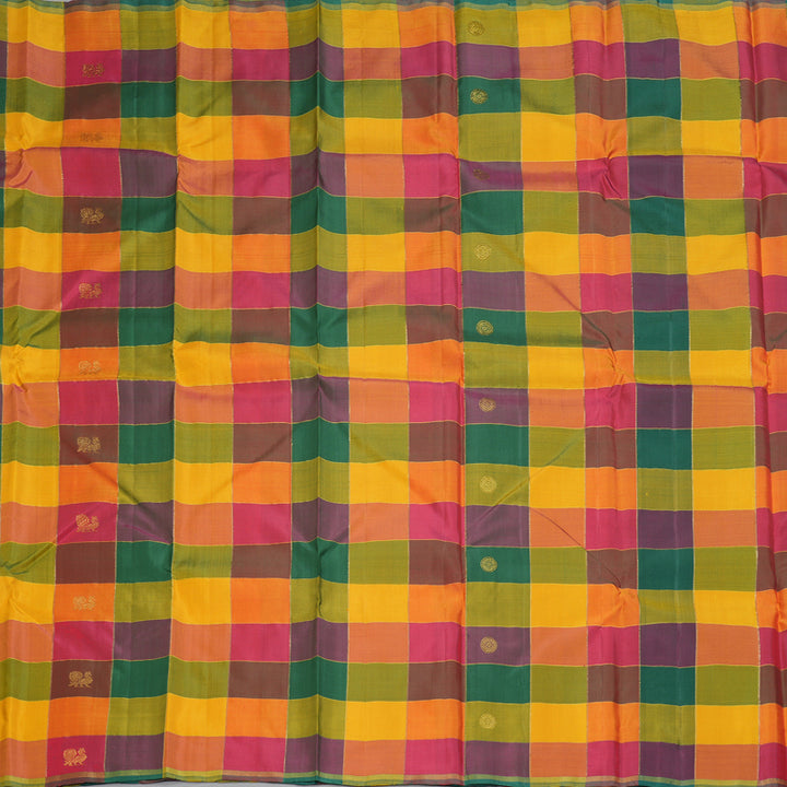 Hayagrivas Handloom Multicolour Checks Kanjivaram Silk Saree with Reddish Pink Border KBF182E1-1