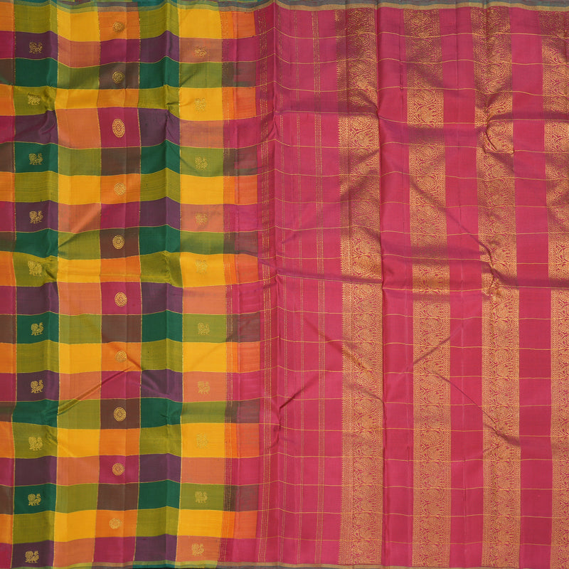 Hayagrivas Handloom Multicolour Checks Kanjivaram Silk Saree with Reddish Pink Border KBF182E1-1