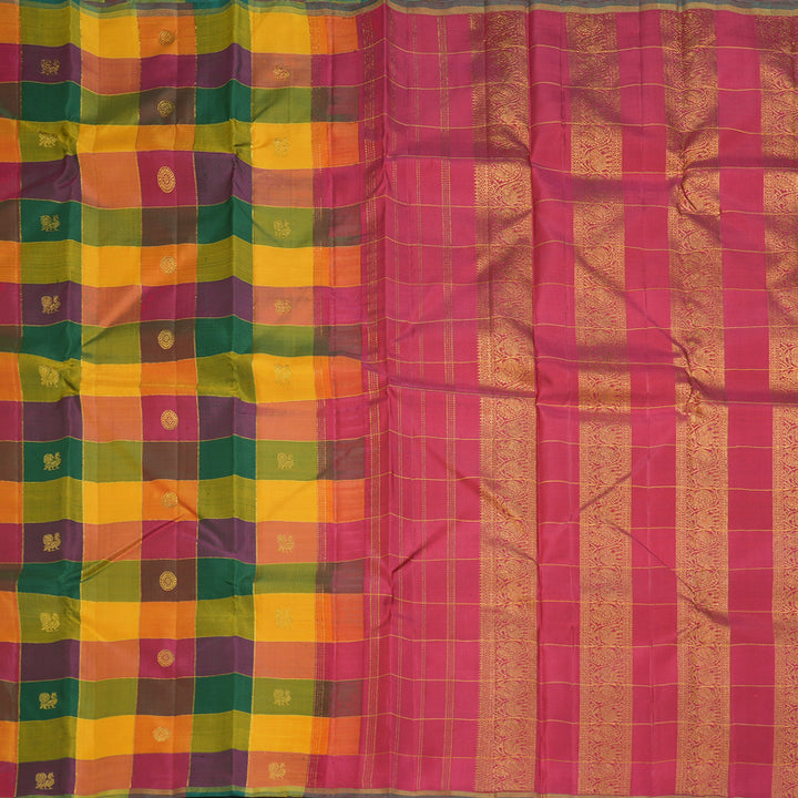 Hayagrivas Handloom Multicolour Checks Kanjivaram Silk Saree with Reddish Pink Border KBF182E1-1