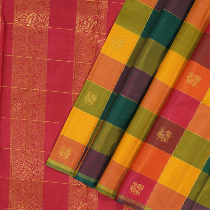 Hayagrivas Handloom Multicolour Checks Kanjivaram Silk Saree with Reddish Pink Border KBF182E1-1