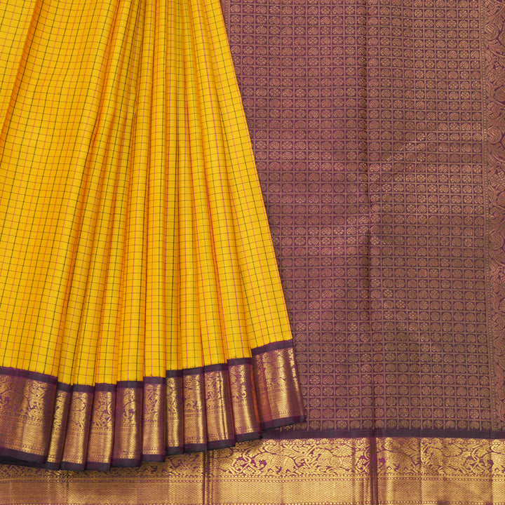Hayagrivas Handloom Yellow Kanjivaram Silk Saree with Wine Purple Border KBF182E6-1