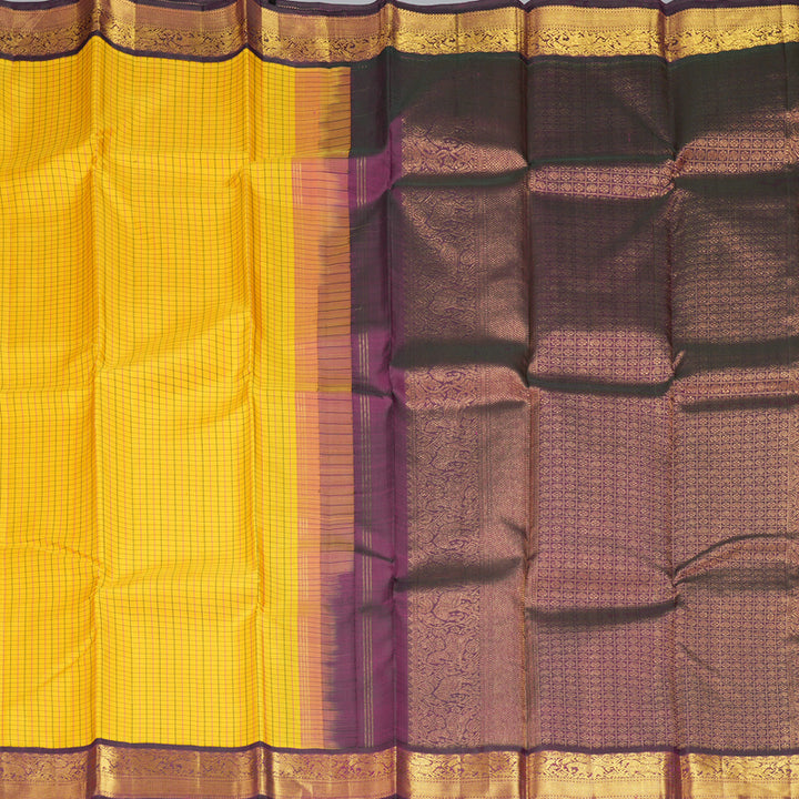 Hayagrivas Handloom Yellow Kanjivaram Silk Saree with Wine Purple Border KBF182E6-1