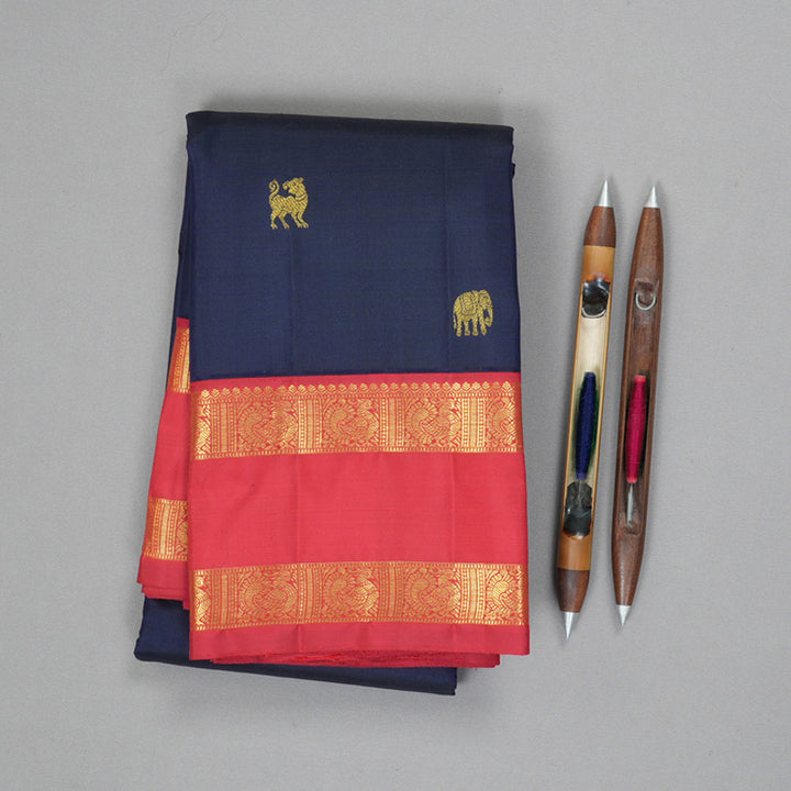 Hayagrivas Handloom Navy Blue Kanjivaram Silk Saree with Araku Border KBF182E7-1