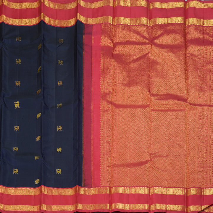 Hayagrivas Handloom Navy Blue Kanjivaram Silk Saree with Araku Border KBF182E7-1