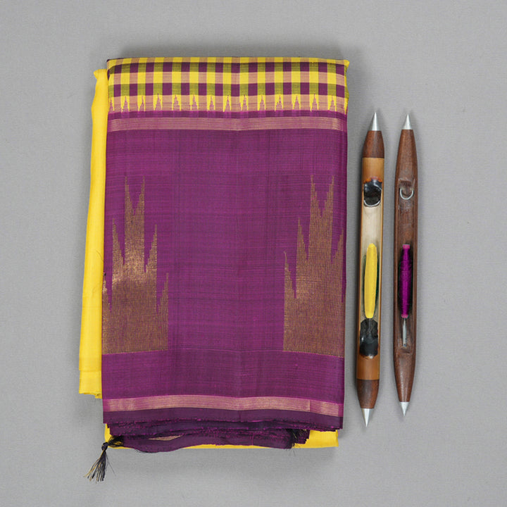 Hayagrivas Handloom Lemon Yellow Kanjivaram Silk Saree with Purple Border KBF185E2-1