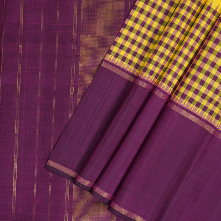Hayagrivas Handloom Lemon Yellow Kanjivaram Silk Saree with Purple Border KBF185E2-1
