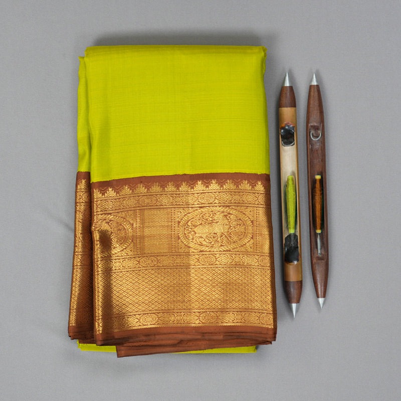 Hayagrivas Handloom Lime Green Kanjivaram Silk Saree with Chocolate Brown Border KBF186E2-2