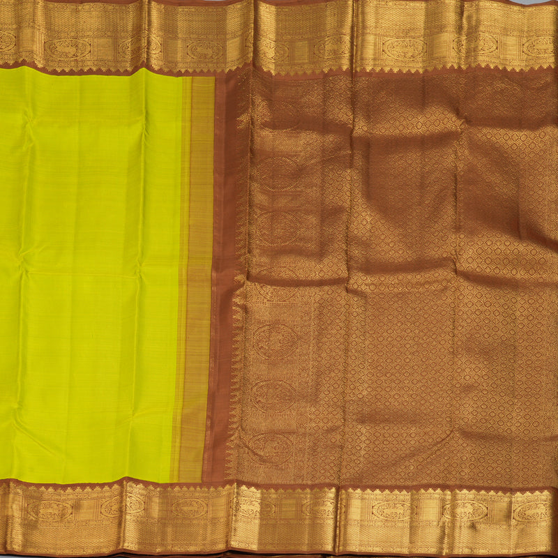 Hayagrivas Handloom Lime Green Kanjivaram Silk Saree with Chocolate Brown Border KBF186E2-2