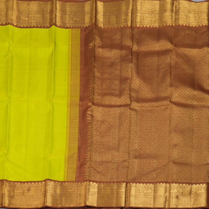 Hayagrivas Handloom Lime Green Kanjivaram Silk Saree with Chocolate Brown Border KBF186E2-2