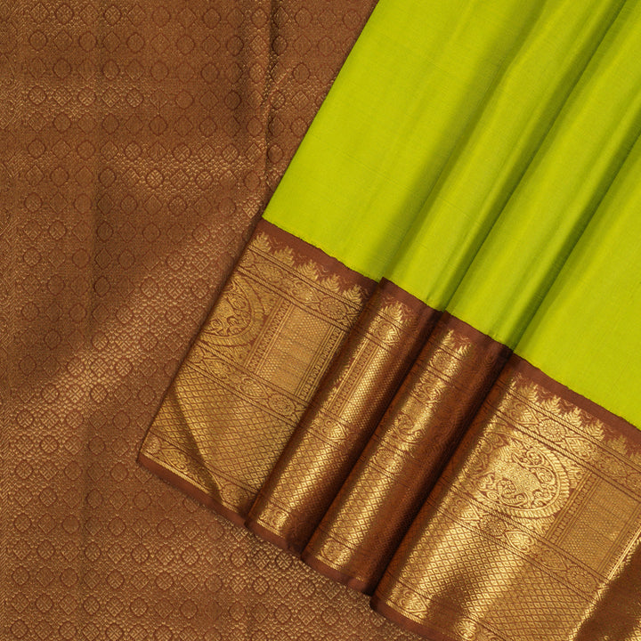 Hayagrivas Handloom Lime Green Kanjivaram Silk Saree with Chocolate Brown Border KBF186E2-2