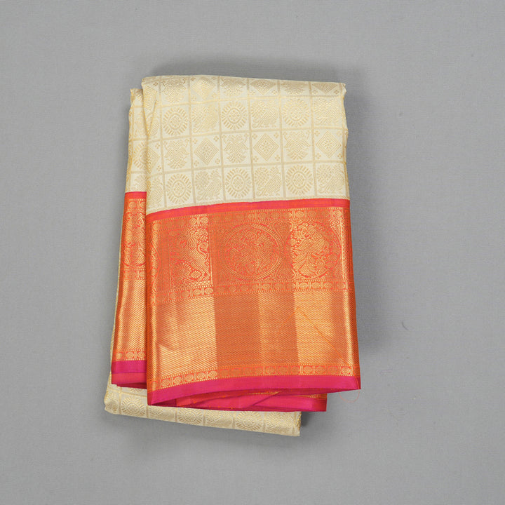 Hayagrivas Handloom Half-White Kanjivaram Silk Saree with Pink Border KBF186E6-2