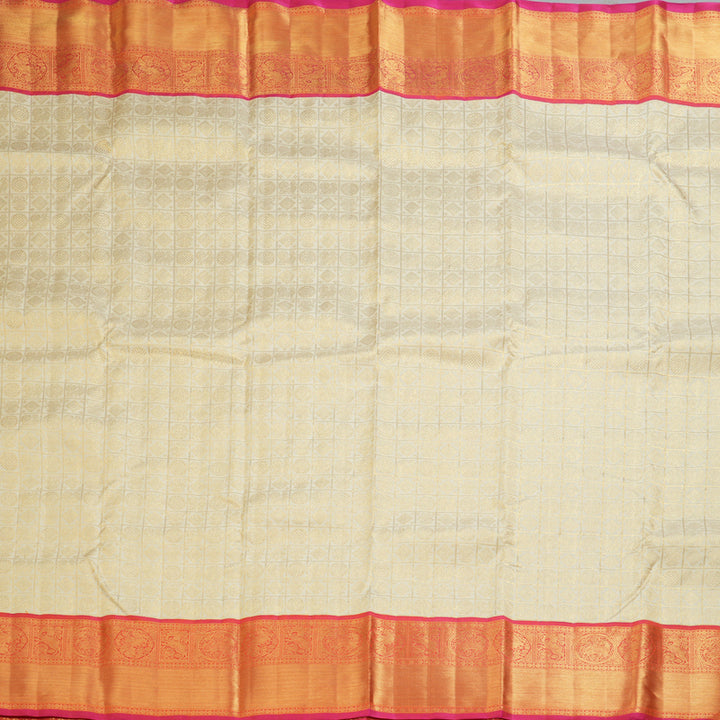Hayagrivas Handloom Half-White Kanjivaram Silk Saree with Pink Border KBF186E6-2
