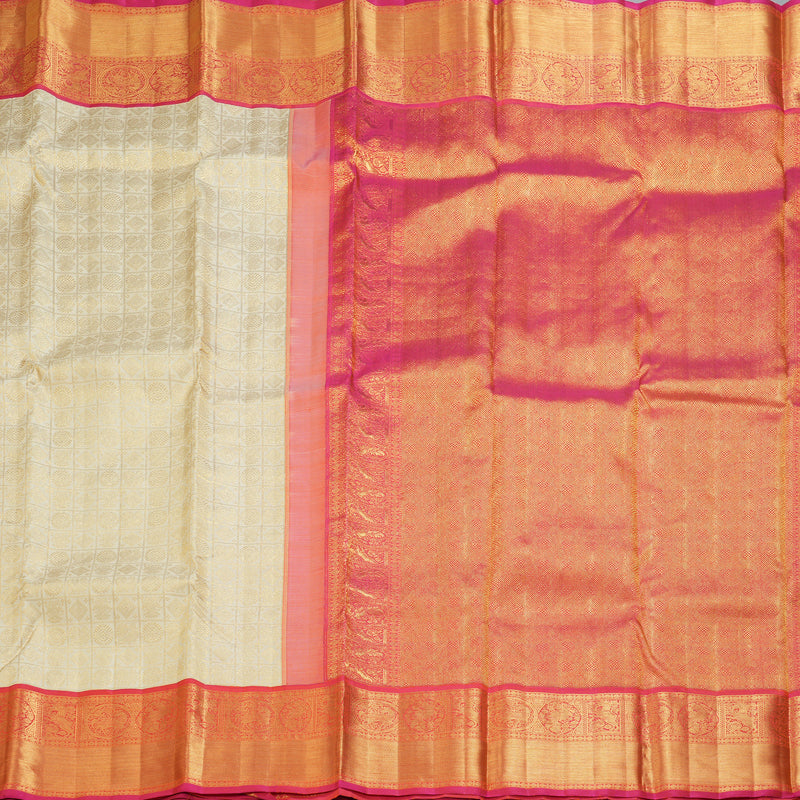 Hayagrivas Handloom Half-White Kanjivaram Silk Saree with Pink Border KBF186E6-2
