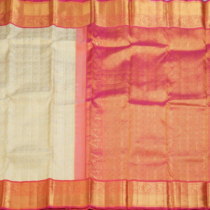 Hayagrivas Handloom Half-White Kanjivaram Silk Saree with Pink Border KBF186E6-2