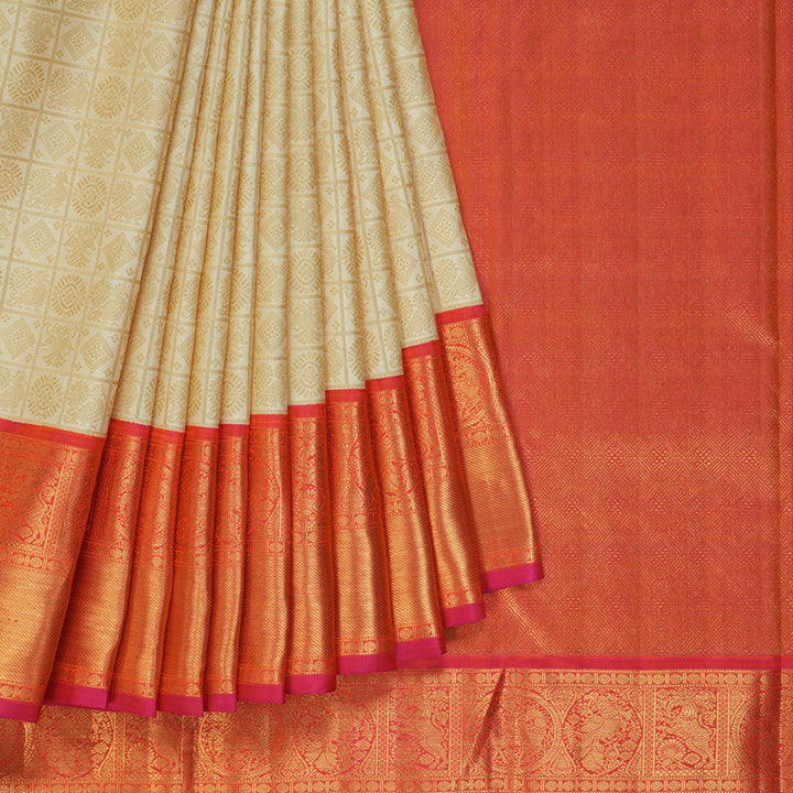 Hayagrivas Handloom Half-White Kanjivaram Silk Saree with Pink Border KBF186E6-2