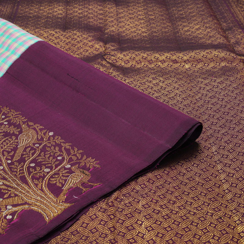 Hayagrivas Handloom Multicolour Checks Kanjivaram Silk Saree with Purple Border KBF187E1-1