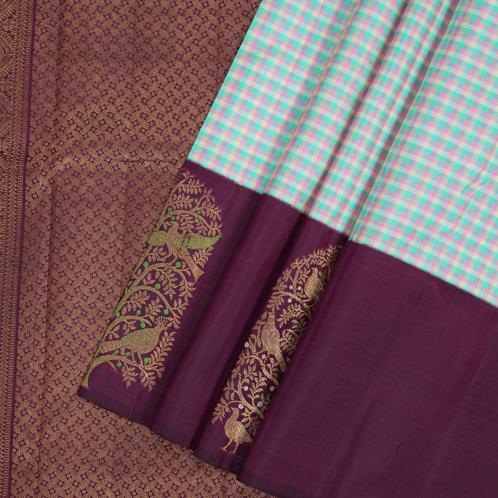 Hayagrivas Handloom Multicolour Checks Kanjivaram Silk Saree with Purple Border KBF187E1-1
