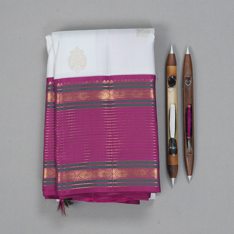 Hayagrivas Handloom Light Ash Grey Kanjivaram Silk Saree with Purple Border KBF187E8-1