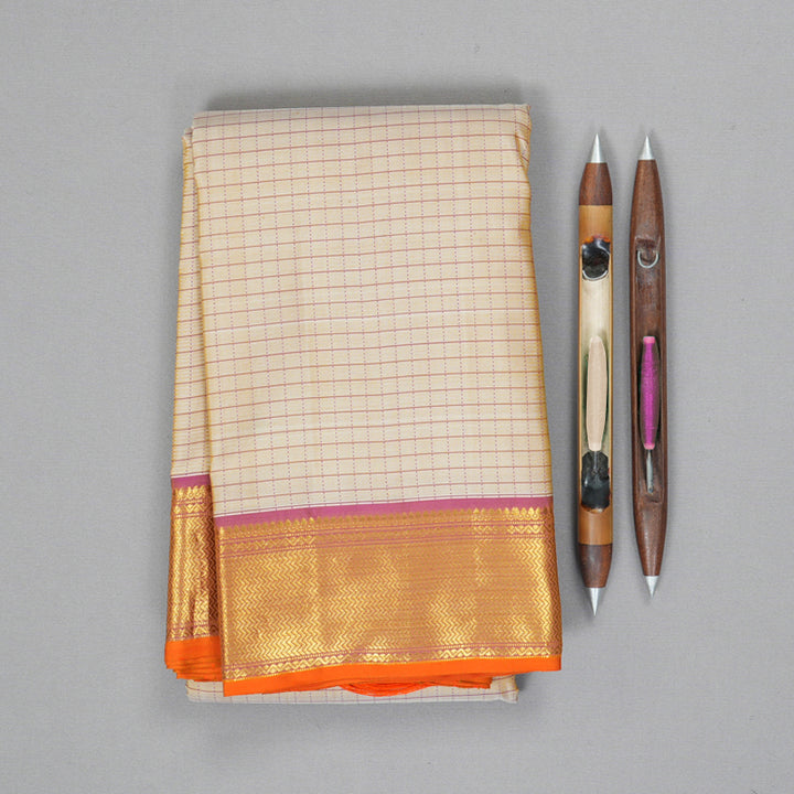 Hayagrivas Handloom Beige Kanjivaram Silk Saree with Onion Pink Border KBF194E1-1